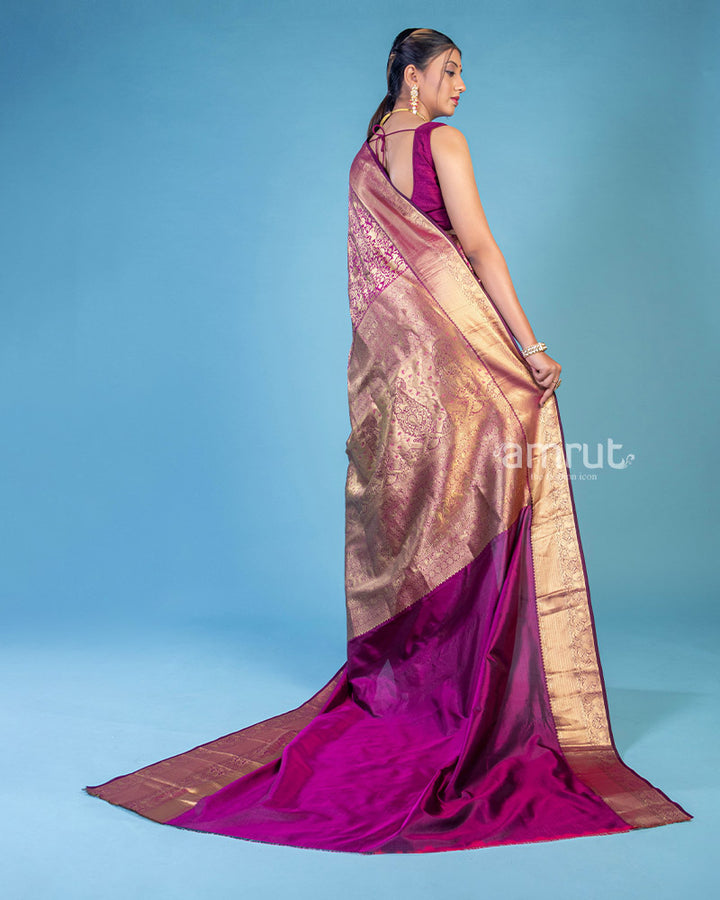 Wine Banarasi Silk Saree With Unstitched Blouse Piece