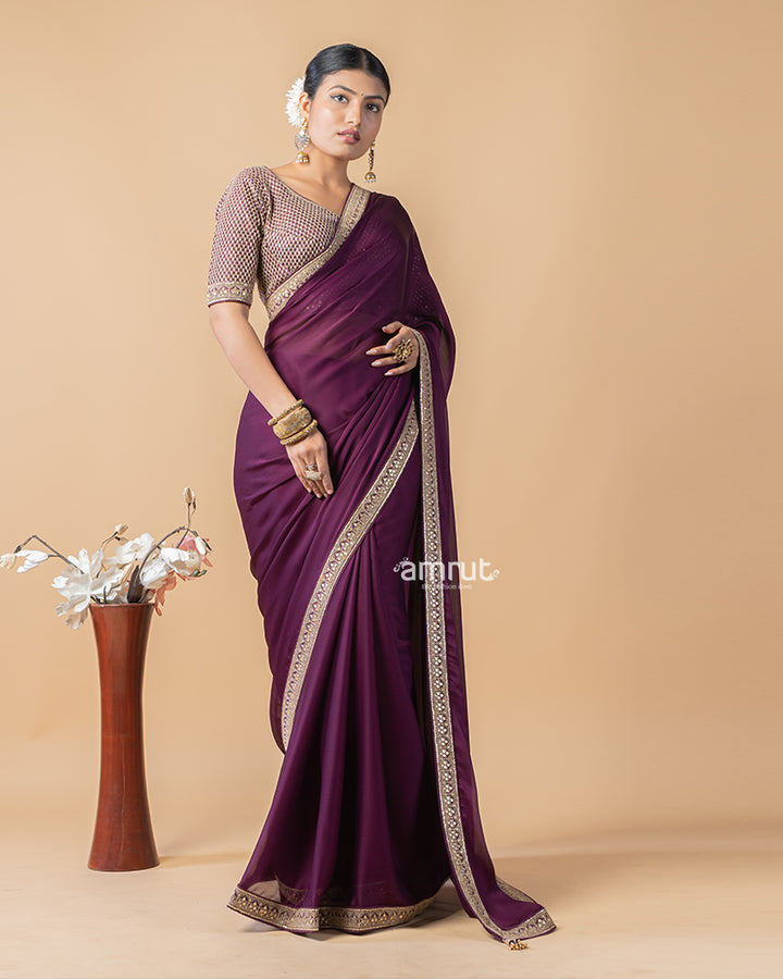 Wine Berry Saree With Sequins Embroidered Stitched Blouse