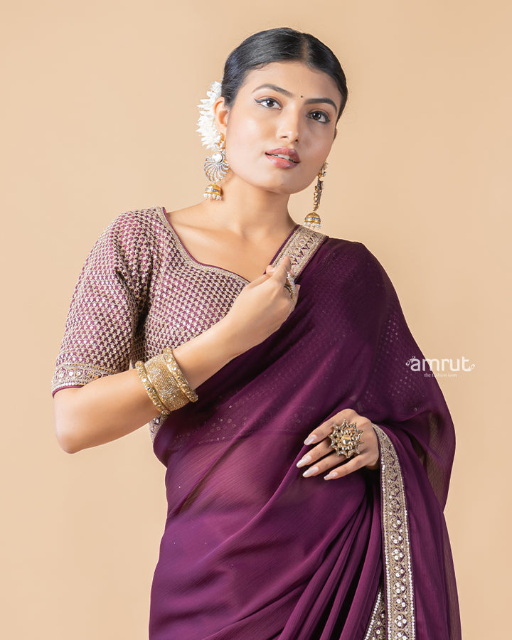 Wine Berry Saree With Sequins Embroidered Stitched Blouse