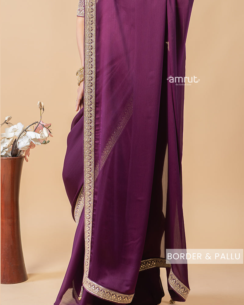 Wine Berry Saree With Sequins Embroidered Stitched Blouse