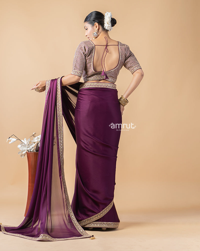 Wine Berry Saree With Sequins Embroidered Stitched Blouse