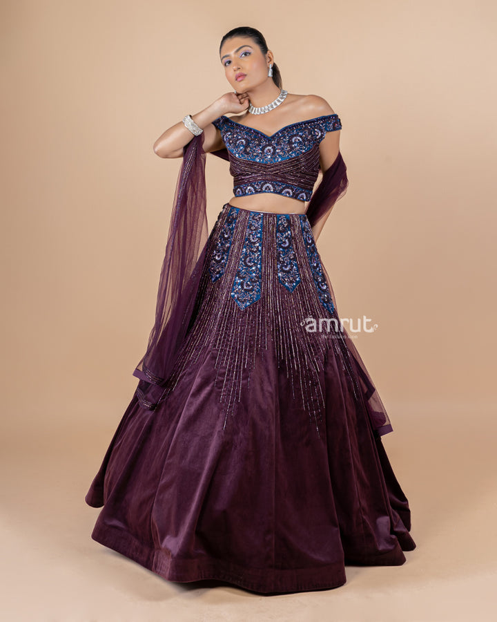 Wine Cutdana Embroidered Designer Lehenga Set With Dupatta