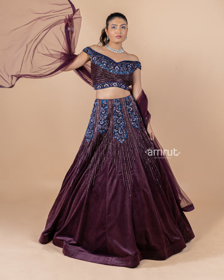 Wine Cutdana Embroidered Designer Lehenga Set With Dupatta