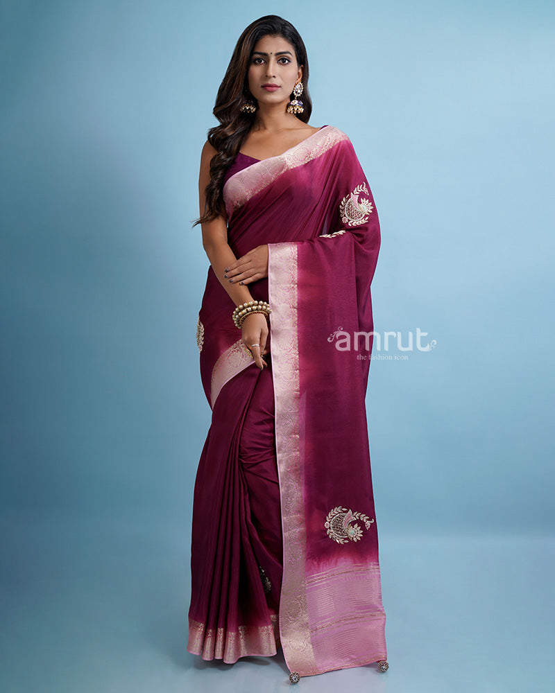 Wine Hand Embroidered Party Wear Saree