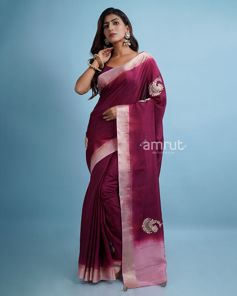 Wine Hand Embroidered Party Wear Saree