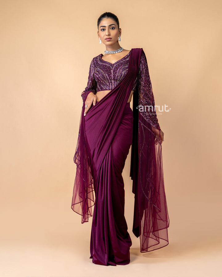 Wine Imported Lycra Ready To Wear Saree With Net Blouse