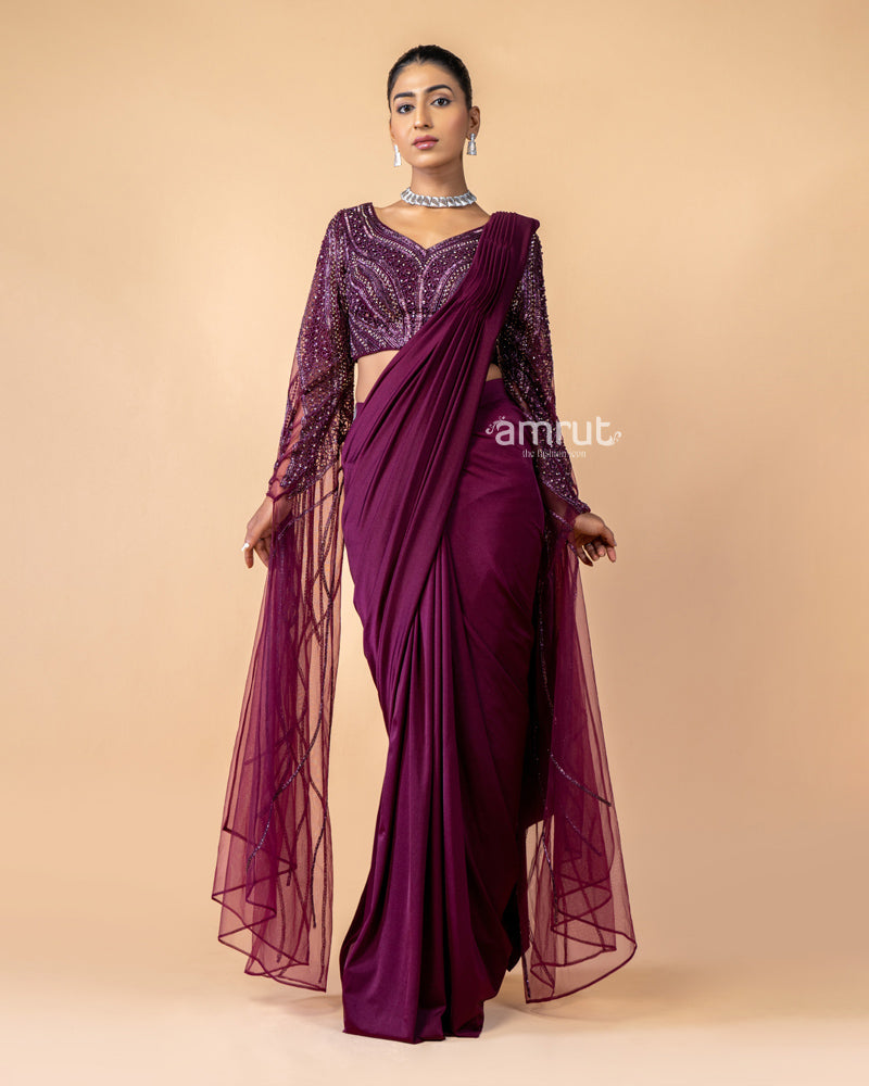 Wine Imported Lycra Ready To Wear Saree With Net Blouse