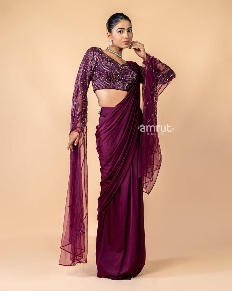 Wine Imported Lycra Ready To Wear Saree With Net Blouse