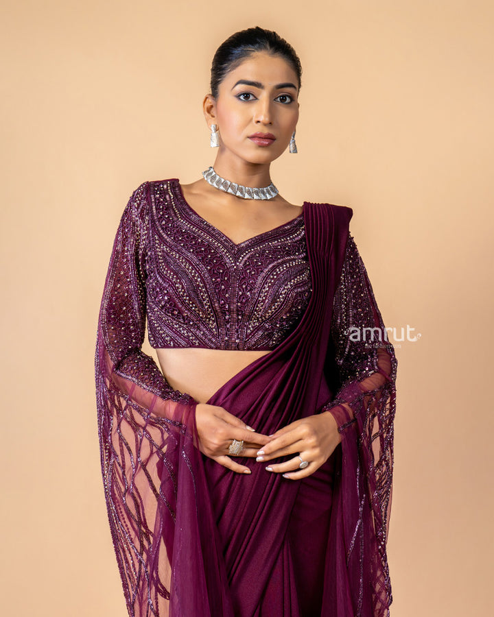 Wine Imported Lycra Ready To Wear Saree With Net Blouse