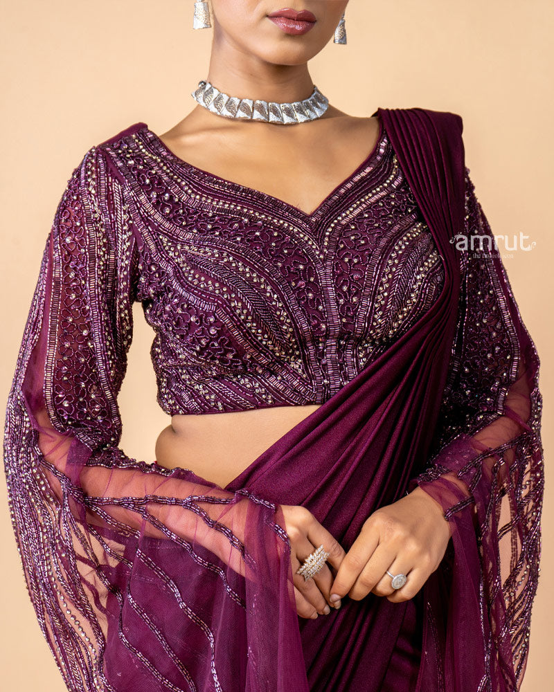 Wine Imported Lycra Ready To Wear Saree With Net Blouse