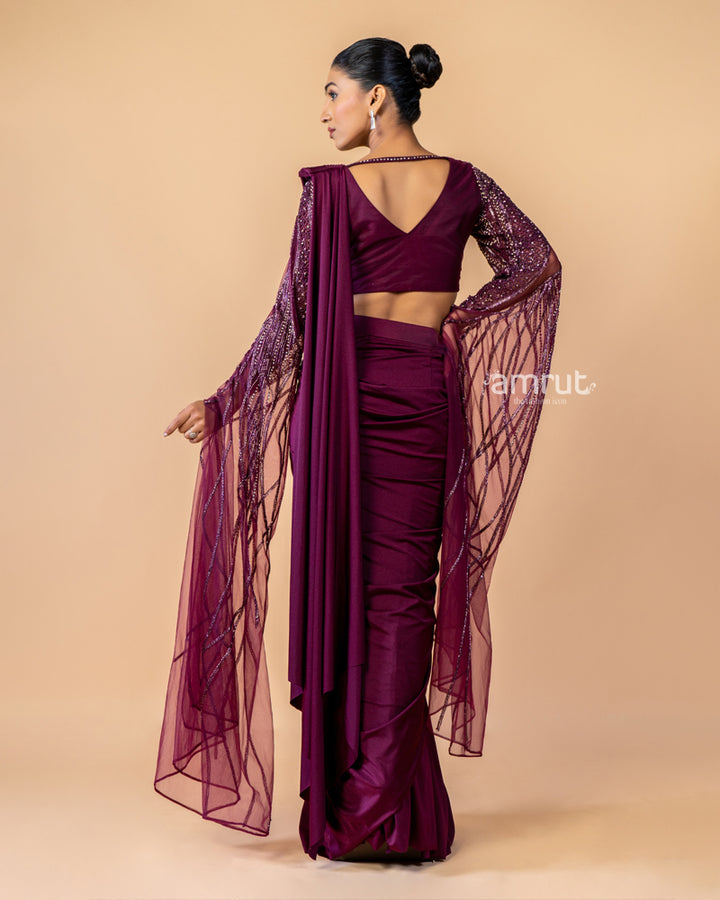 Wine Imported Lycra Ready To Wear Saree With Net Blouse