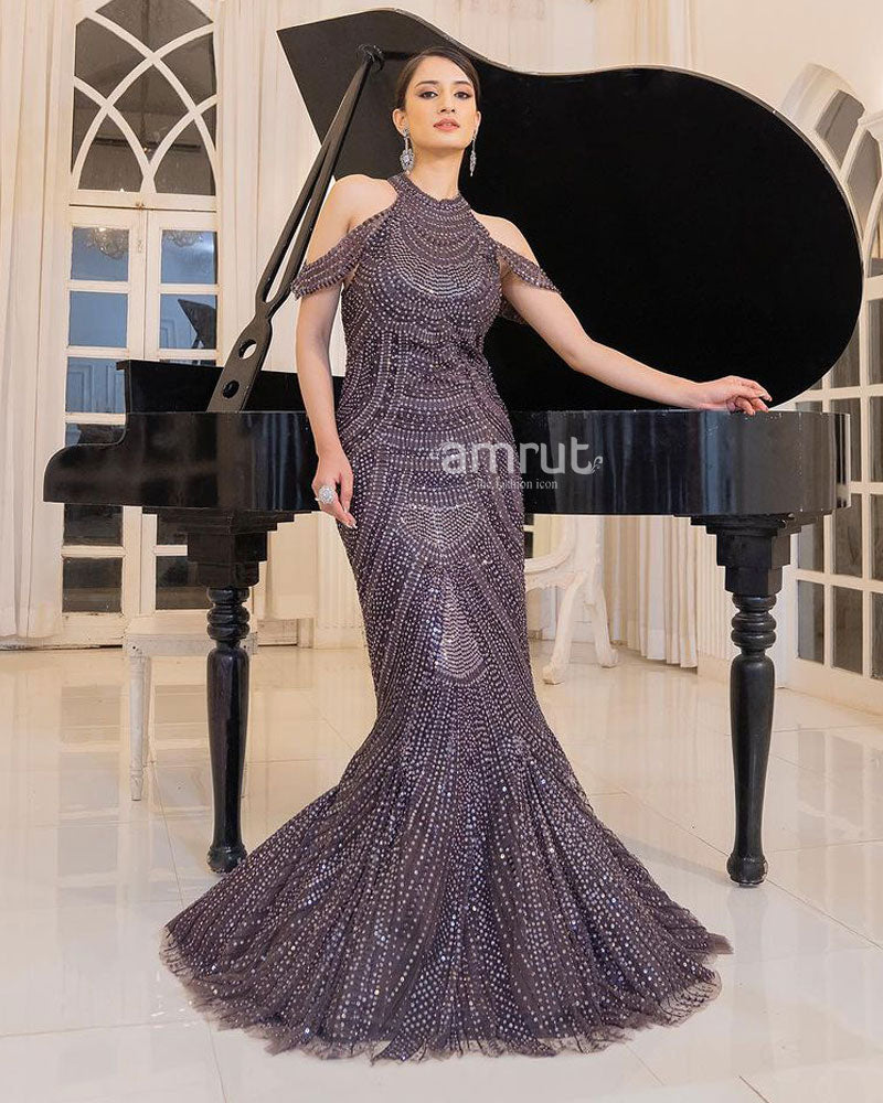 Wine Net Gown in Fish Cut Style Adorned With Cut Dana Work