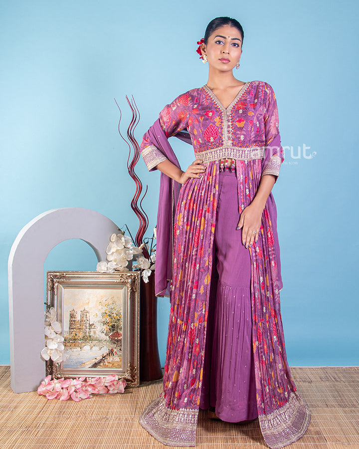 Wine Palazzo Suit in Georgette With Front Slit Kurti Featuring Sequins and Mirror Details
