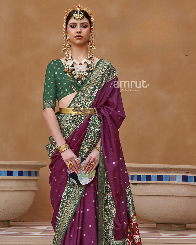 Wine Patola Silk Saree With Green Border and Unstitched Blouse Piece