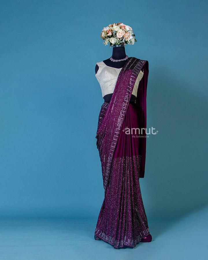 Wine Pure Georgette Embroidered Saree With Unstitched Blouse