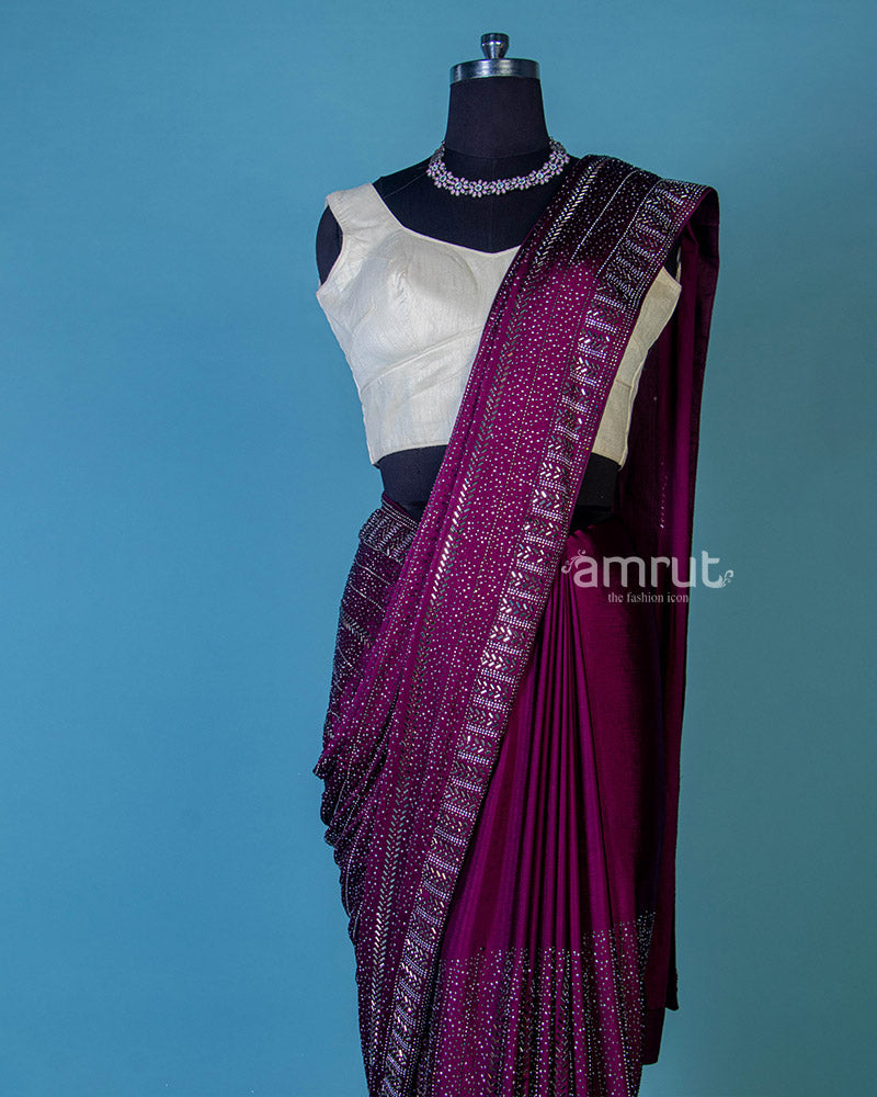 Wine Pure Georgette Embroidered Saree With Unstitched Blouse