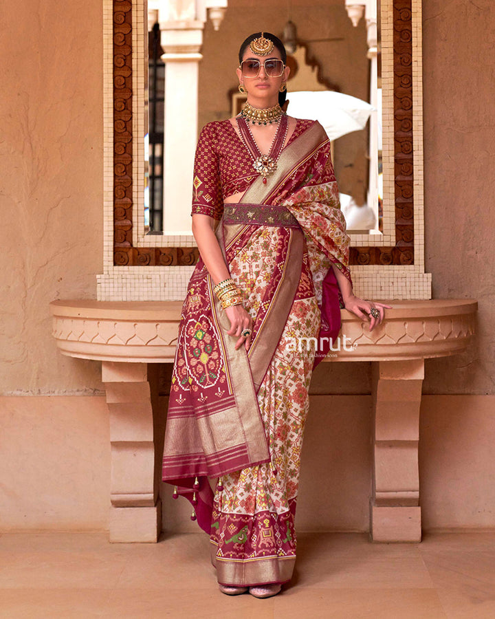 Maroon Patola Saree With Unstitched Blouse
