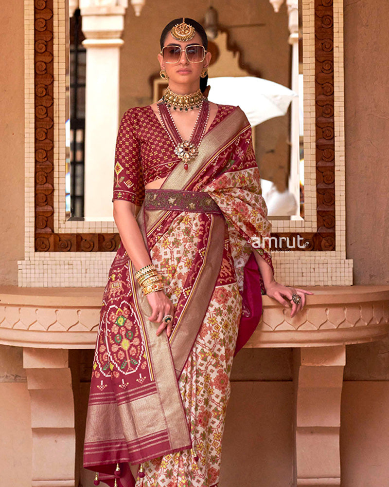 Maroon Patola Saree With Unstitched Blouse