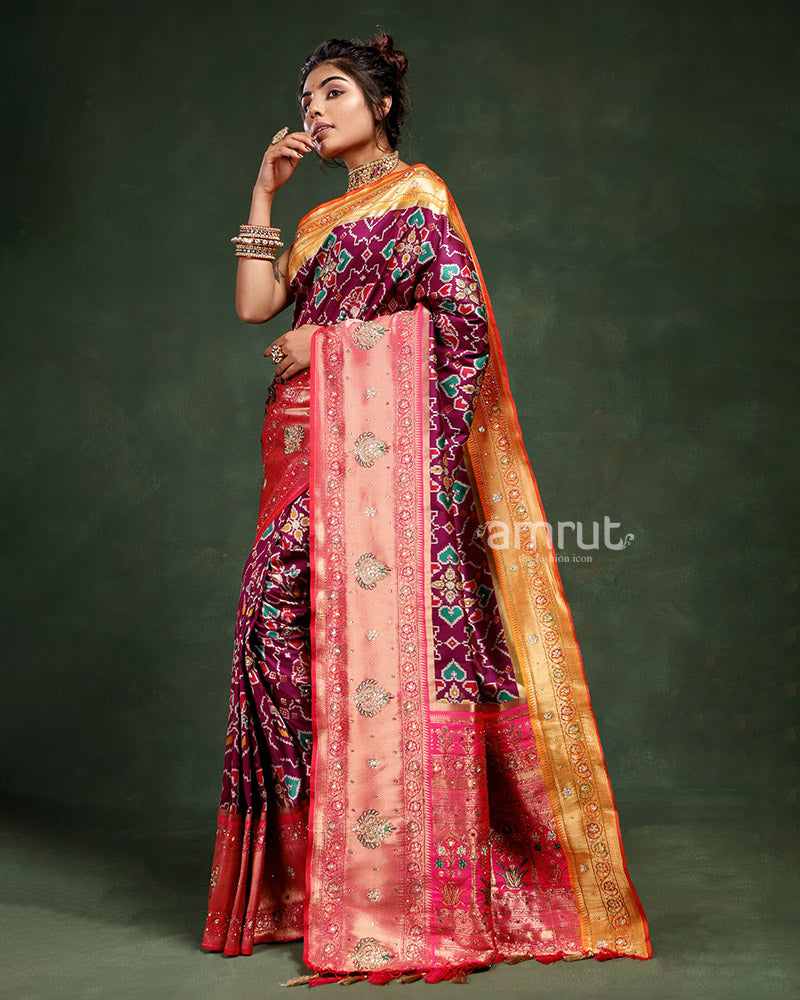 Wine Silk Saree with Unstitched Blouse for Wedding