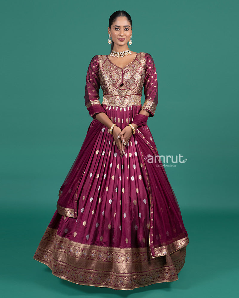 Wine Brocade Embroidered Anarkali Gown with Net Dupatta 01