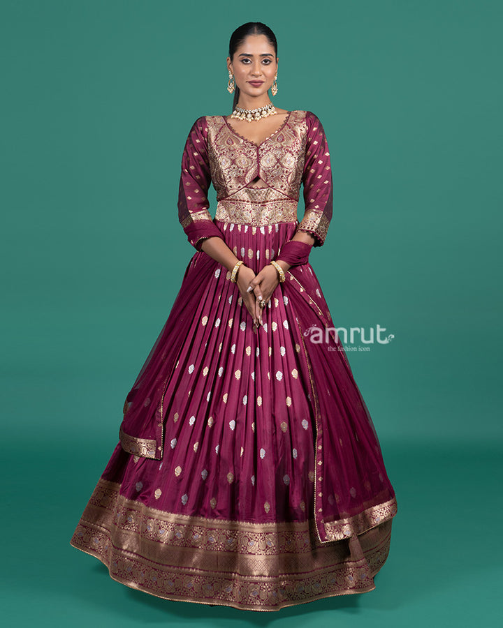 Wine Brocade Embroidered Anarkali Gown with Net Dupatta 01