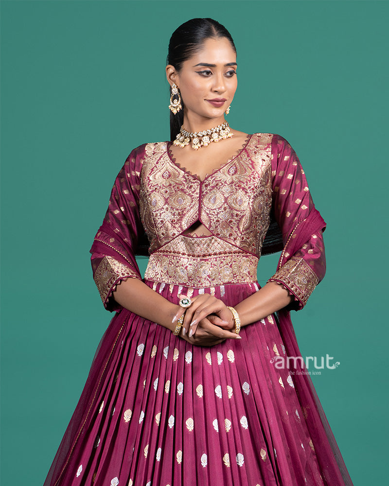 Wine Brocade Embroidered Anarkali Gown with Net Dupatta 02