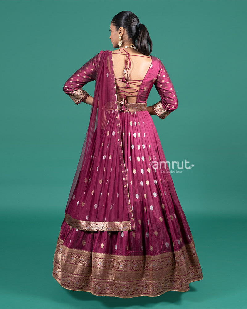 Wine Brocade Embroidered Anarkali Gown with Net Dupatta 05