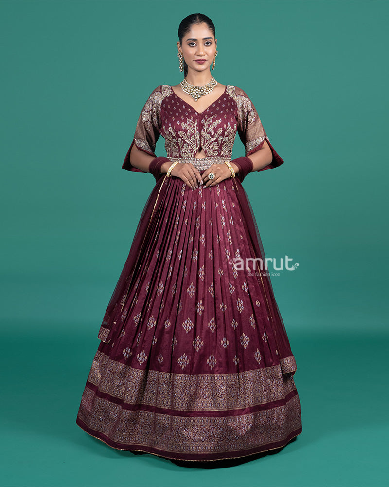 Wine Embroidered Gown with Duptta 01