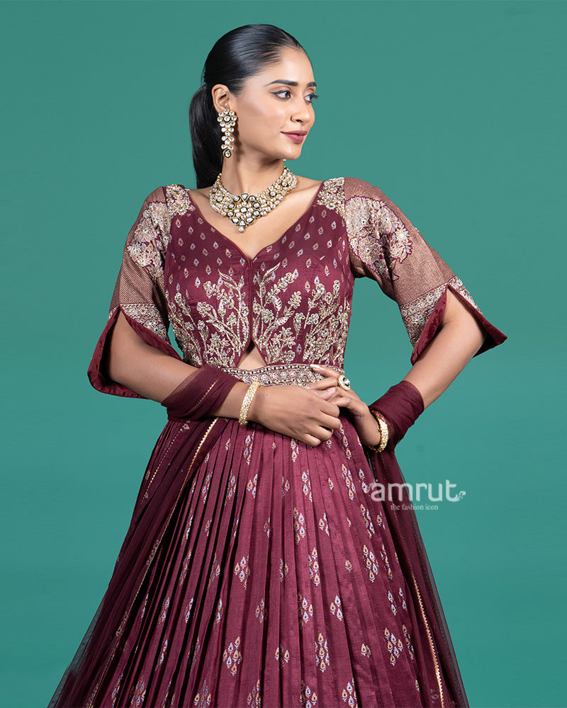 Wine Embroidered Gown with Duptta 02