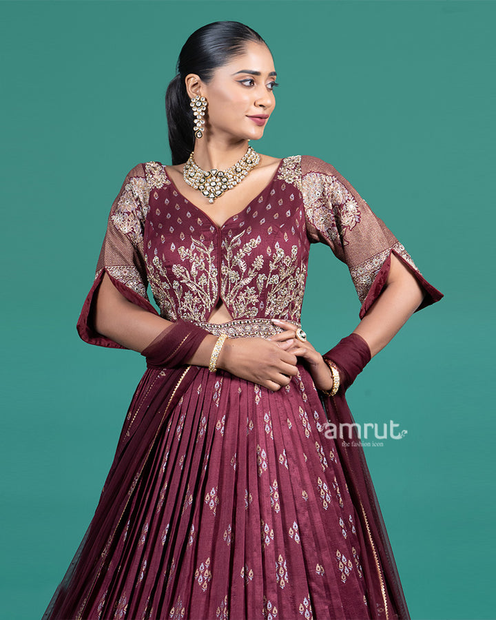 Wine Embroidered Gown with Duptta 02