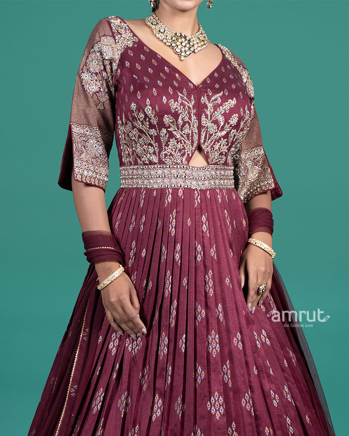 Wine Embroidered Gown with Duptta 03