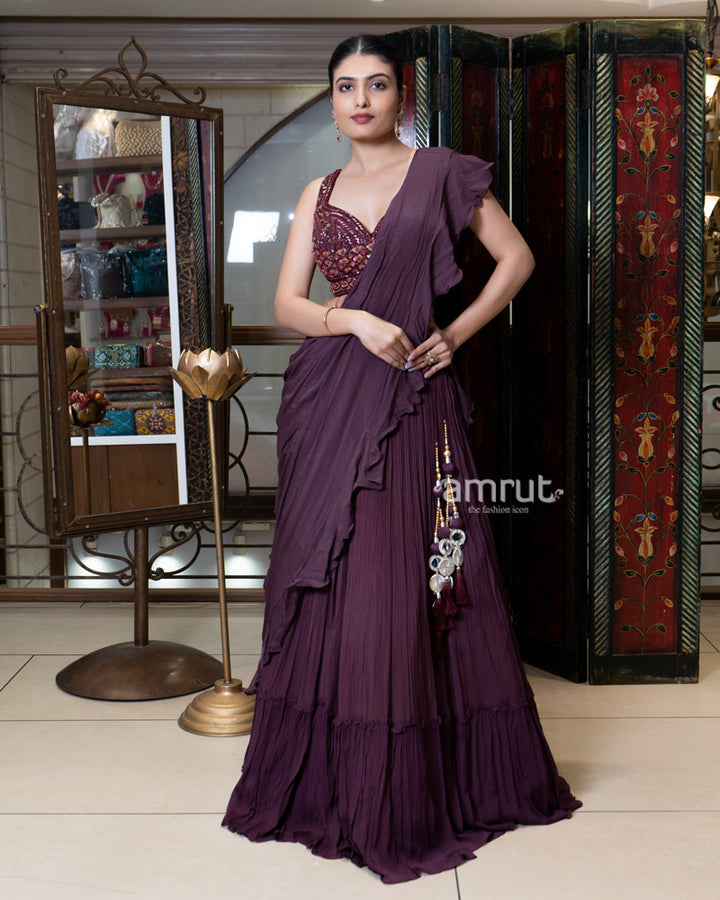 Wine Ruffle Lehenga Set with Embellished Blouse and Dupatta 01