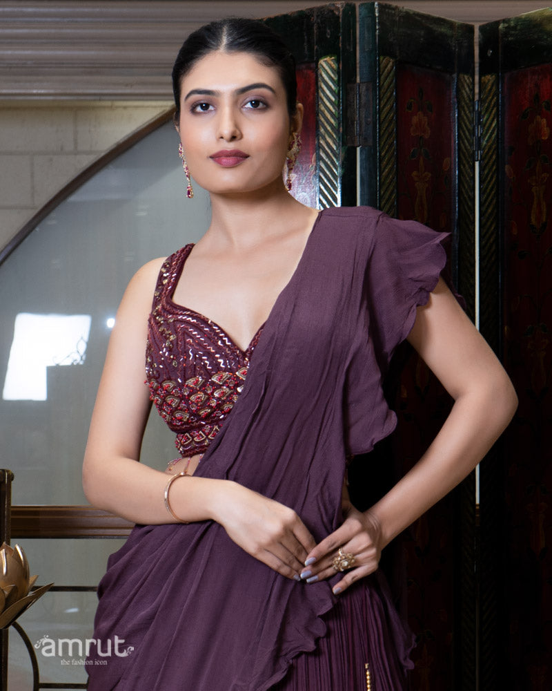 Wine Ruffle Lehenga Set with Embellished Blouse and Dupatta 02