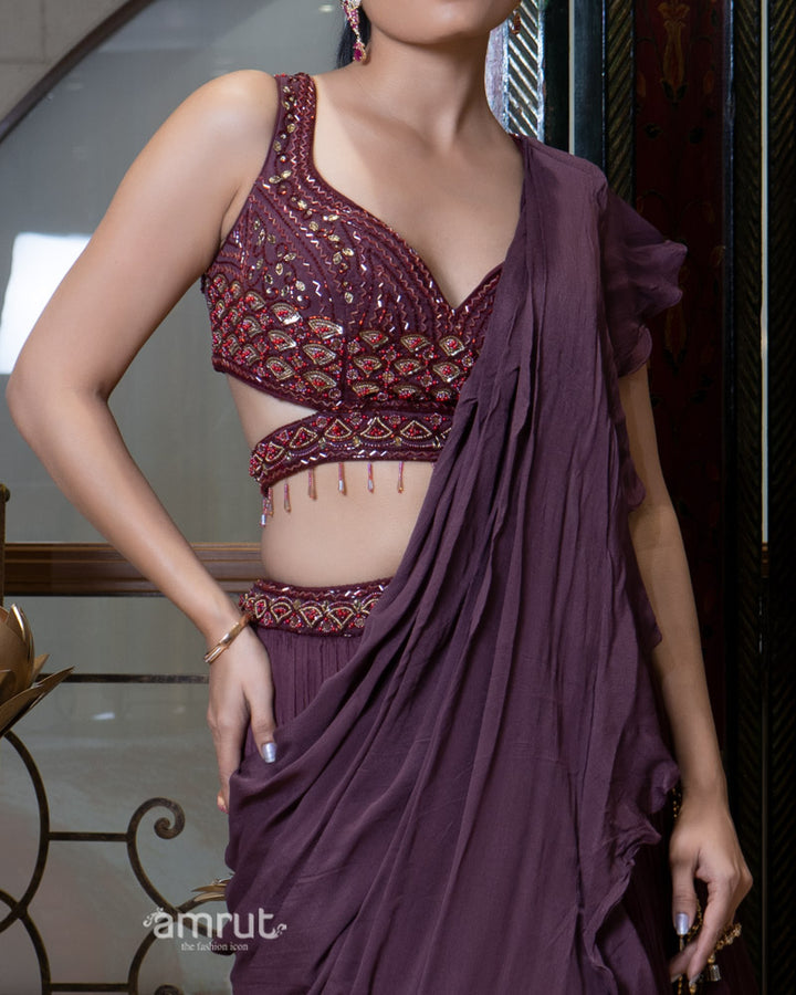 Wine Ruffle Lehenga Set with Embellished Blouse and Dupatta 03