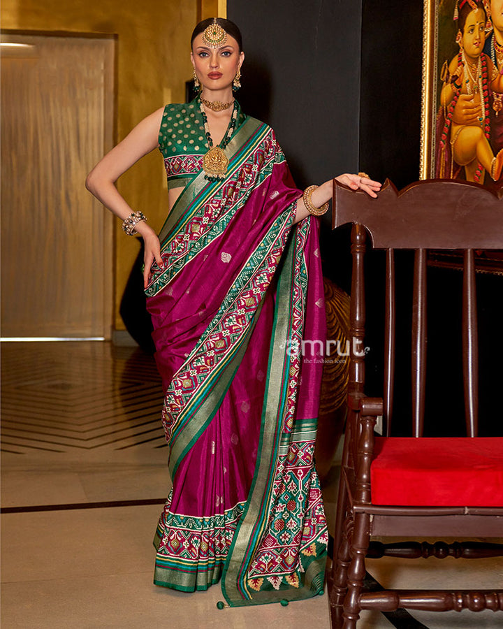 Wine and Green Printed Border Traditional Saree with Unstitched Blouse 01