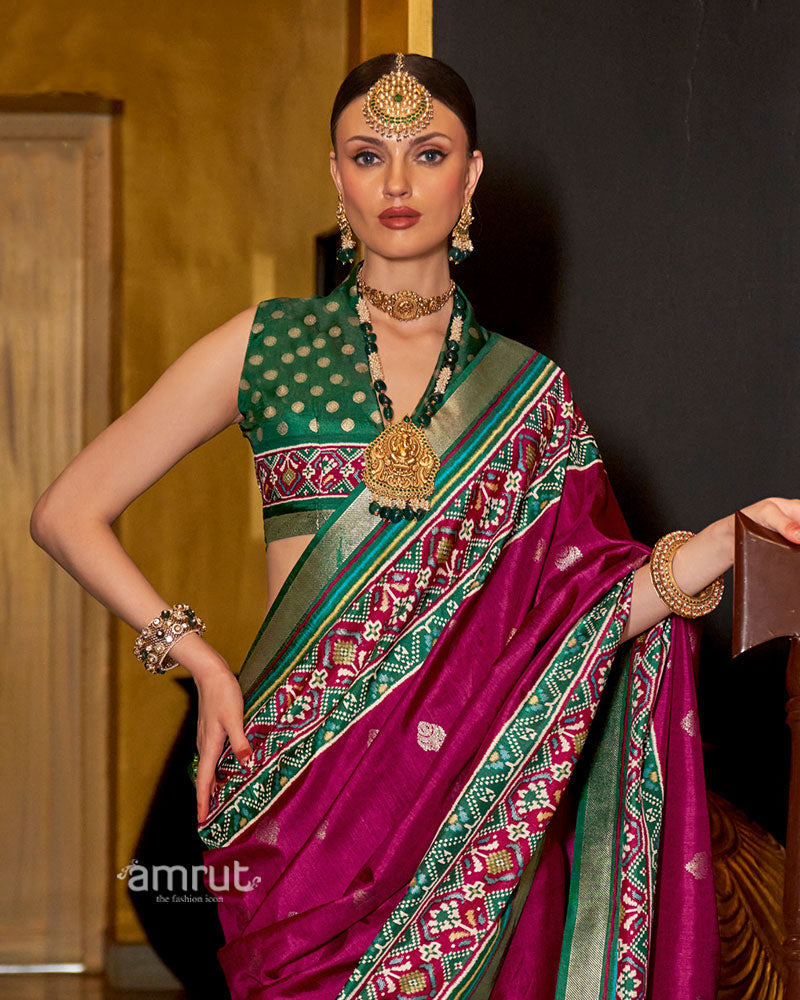 Wine and Green Printed Border Traditional Saree with Unstitched Blouse 02