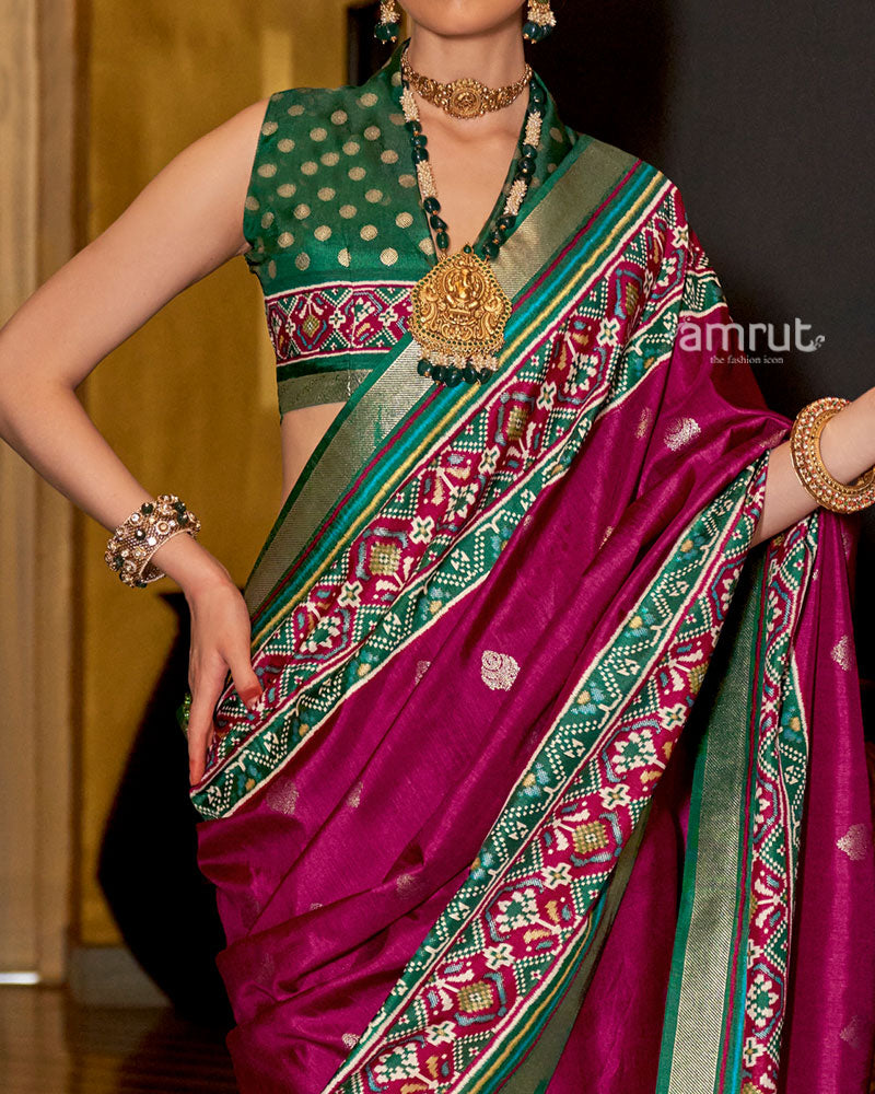 Wine and Green Printed Border Traditional Saree with Unstitched Blouse 03