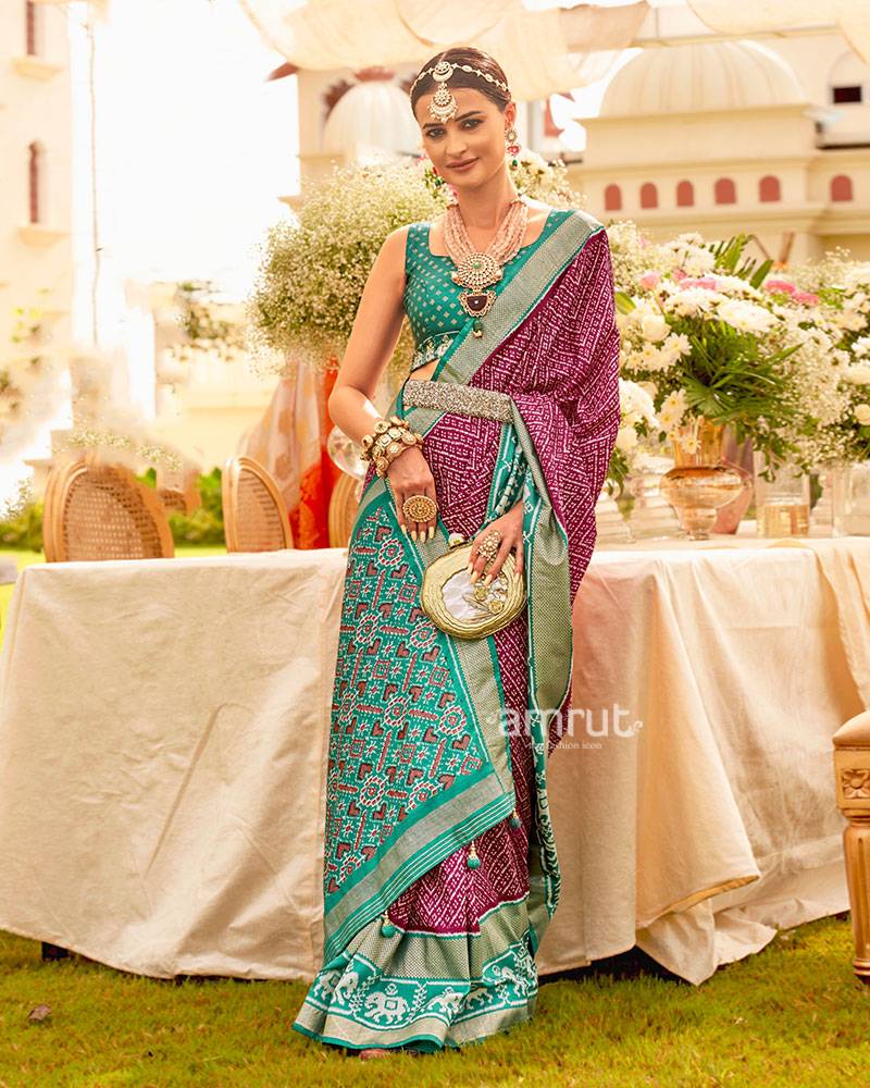Wine and Teal Zari Border Patola Silk Saree with Unstitched Blouse 01