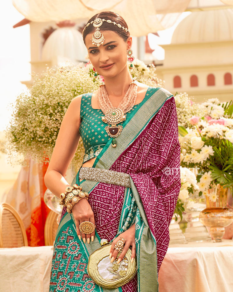 Wine and Teal Zari Border Patola Silk Saree with Unstitched Blouse 02