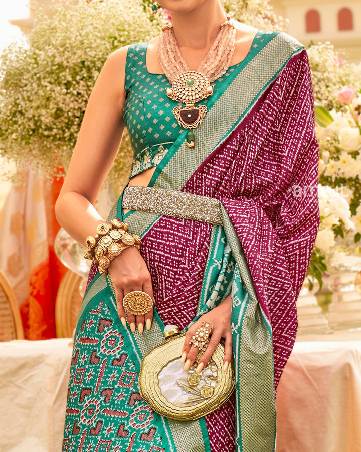 Wine and Teal Zari Border Patola Silk Saree with Unstitched Blouse 03