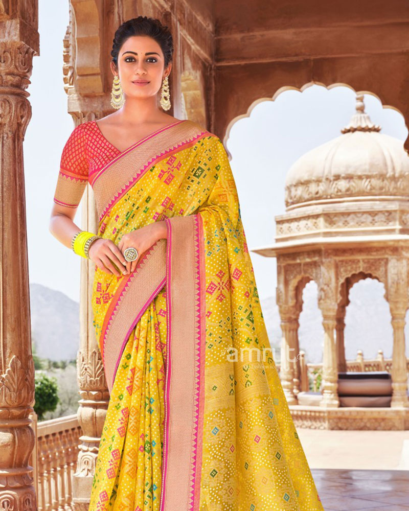 Yellow Cotton Silk Badhani Saree With and Unstitched Blouse