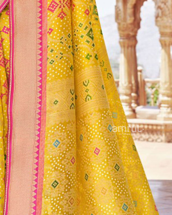 Yellow Cotton Silk Badhani Saree With and Unstitched Blouse