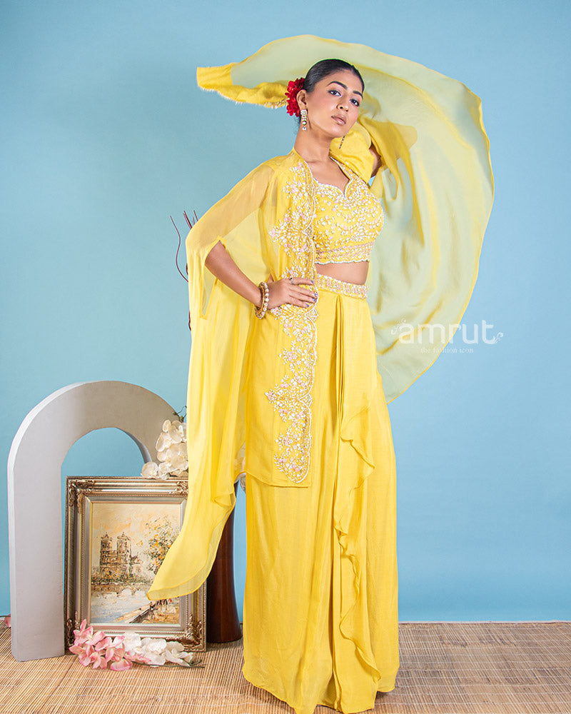 Yellow Crop Blouse With a Dhoti Style Draped Skirt and Jacket