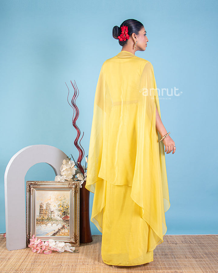 Yellow Crop Blouse With a Dhoti Style Draped Skirt and Jacket
