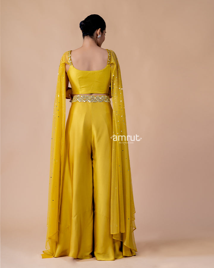 Yellow Crop Top and Palazzo Set with Draped Net Dupatta