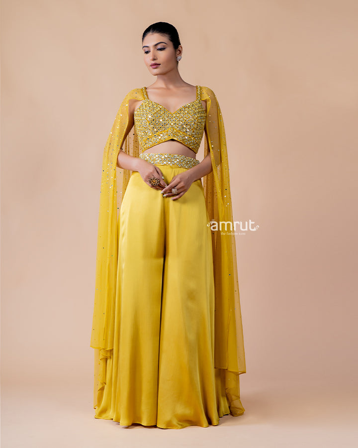 Yellow Crop Top and Palazzo Set with Draped Net Dupatta