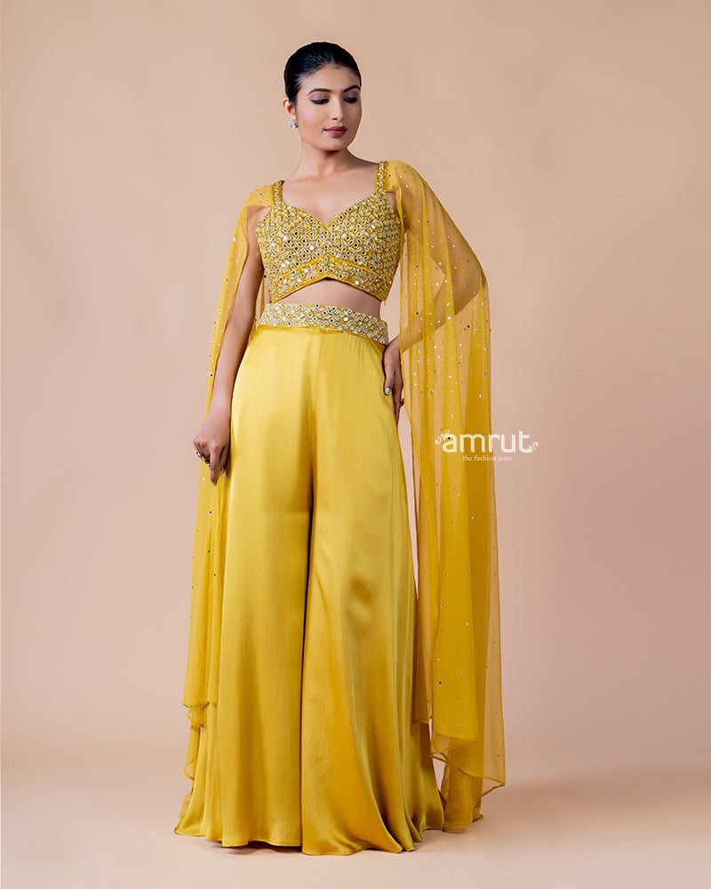 Yellow Crop Top and Palazzo Set with Draped Net Dupatta