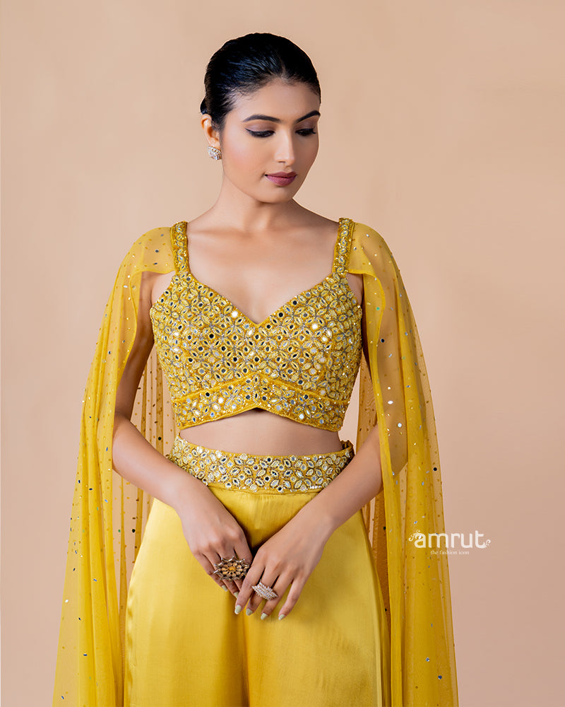 Yellow Crop Top and Palazzo Set with Draped Net Dupatta