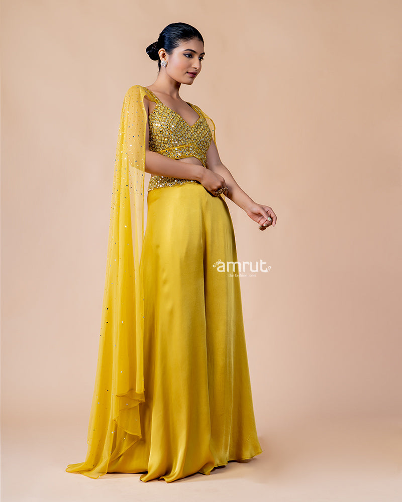 Yellow Crop Top and Palazzo Set with Draped Net Dupatta