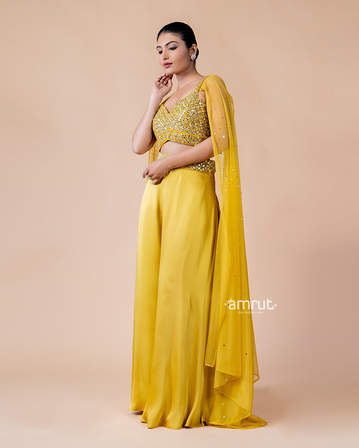 Yellow Crop Top and Palazzo Set with Draped Net Dupatta